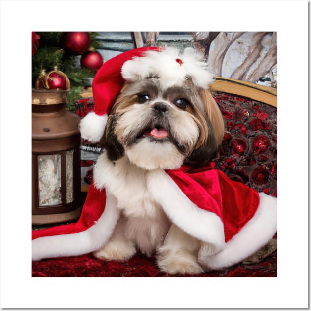 A Very Merry Shih Tzu Christmas In Santa Hat Wall Art by SubtleSplit